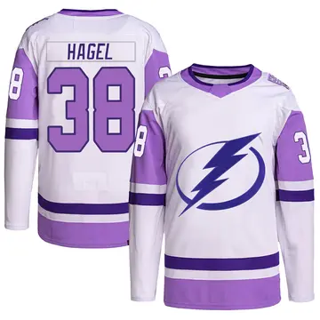 Men's Brandon Hagel Tampa Bay Lightning ＃38 Authentic White/Purple Hockey Fights Cancer Primegreen Jersey