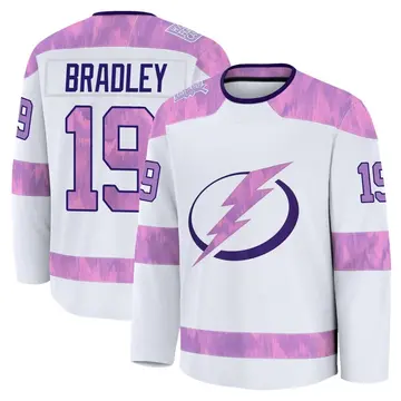 Men's Brian Bradley Tampa Bay Lightning ＃19 Premium White 2024 Hockey Fights Cancer Practice Jersey