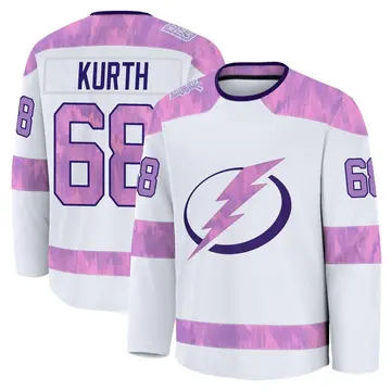 Men's Connor Kurth Tampa Bay Lightning ＃68 Premium White 2024 Hockey Fights Cancer Practice Jersey