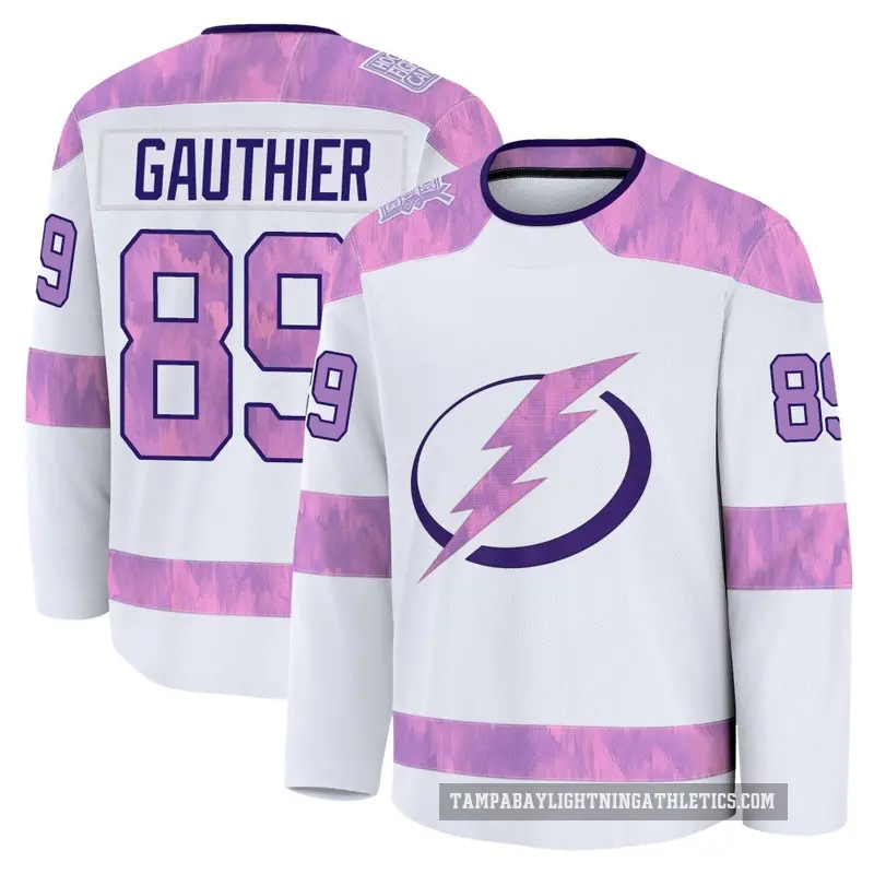 Men's Ethan Gauthier Tampa Bay Lightning ＃89 Premium White 2024 Hockey Fights Cancer Practice Jersey