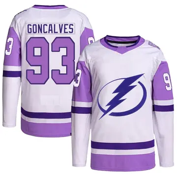 Men's Gage Goncalves Tampa Bay Lightning ＃93 Authentic White/Purple Hockey Fights Cancer Primegreen Jersey