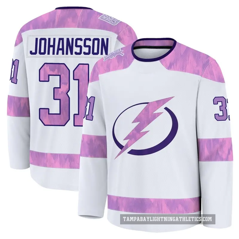 Men's Jonas Johansson Tampa Bay Lightning ＃31 Premium White 2024 Hockey Fights Cancer Practice Jersey
