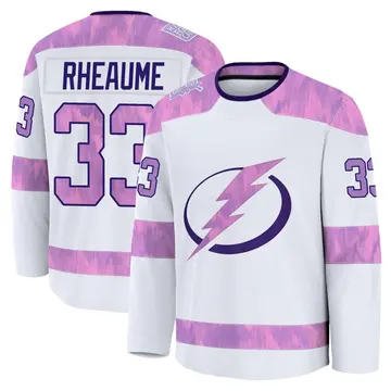 Men's Manon Rheaume Tampa Bay Lightning ＃33 Premium White 2024 Hockey Fights Cancer Practice Jersey