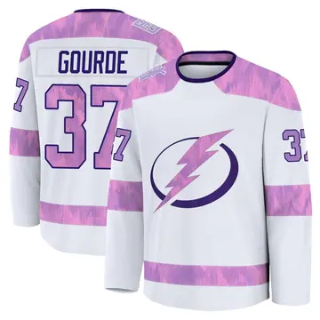 Men's Yanni Gourde Tampa Bay Lightning ＃37 Premium White 2024 Hockey Fights Cancer Practice Jersey