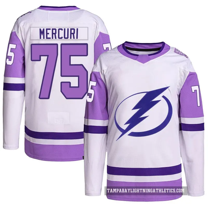 Youth Lucas Mercuri Tampa Bay Lightning ＃75 Authentic White/Purple Hockey Fights Cancer Primegreen Jersey