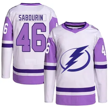 Youth Scott Sabourin Tampa Bay Lightning ＃46 Authentic White/Purple Hockey Fights Cancer Primegreen Jersey