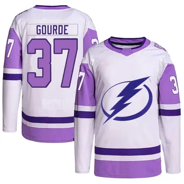 Youth Yanni Gourde Tampa Bay Lightning ＃37 Authentic White/Purple Hockey Fights Cancer Primegreen Jersey